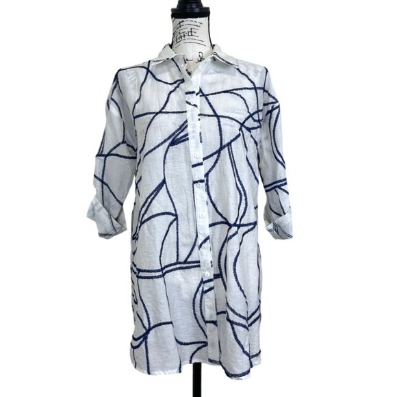 Soft Surroundings Women's Top Tunic Button Up White Blue Roll Tab Sleeve Size S - Picture 1 of 8